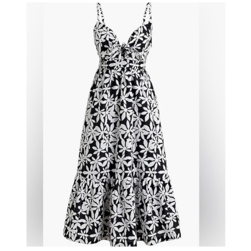 J.Crew Black White Floral‎ Tie Front Midi Dress Size 10 Smocked Back Cotton